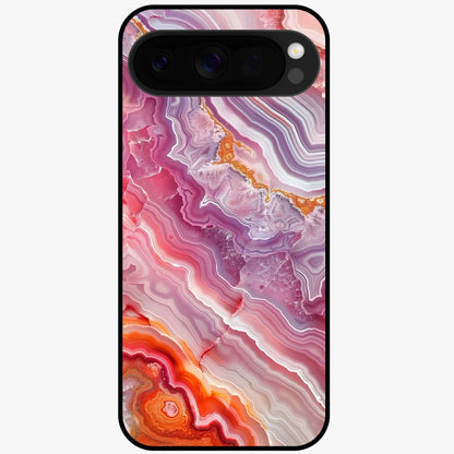 Rose Quartz Marble Glass Case showing flat back view with pink marble quartz texture artwork and glossy glass finish.