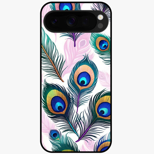 Royal Peacock Feathers Glass Case showing flat back view with colorful peacock feather artwork and glossy glass finish.