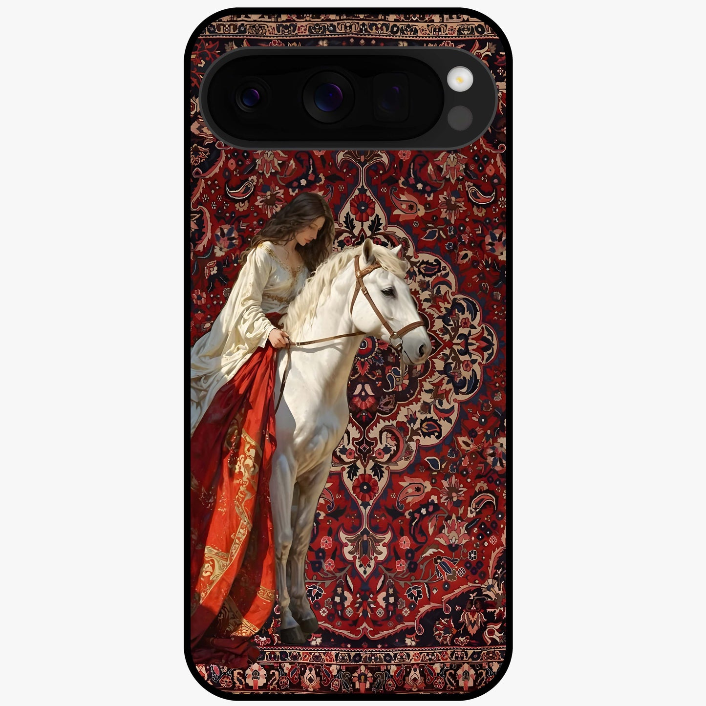 Royal Rider Tapestry Glass Case showing flat back view with majestic horse rider tapestry artwork and glossy glass finish.