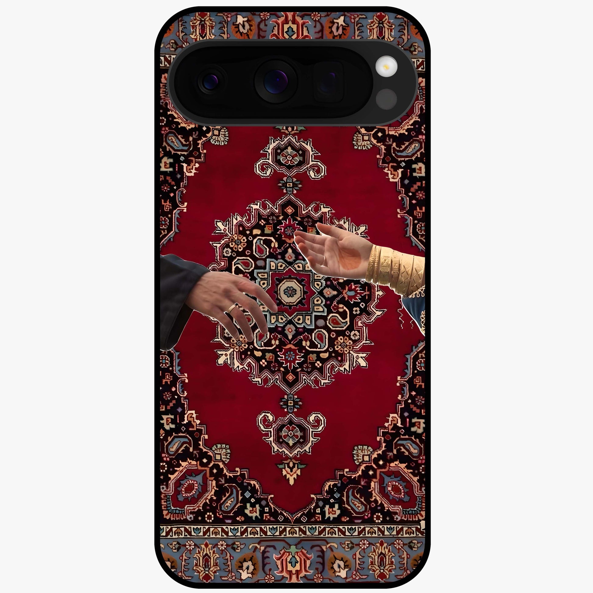 Royal Touch Reach Glass Case showing flat back view with elegant royal themed artwork and glossy glass finish.