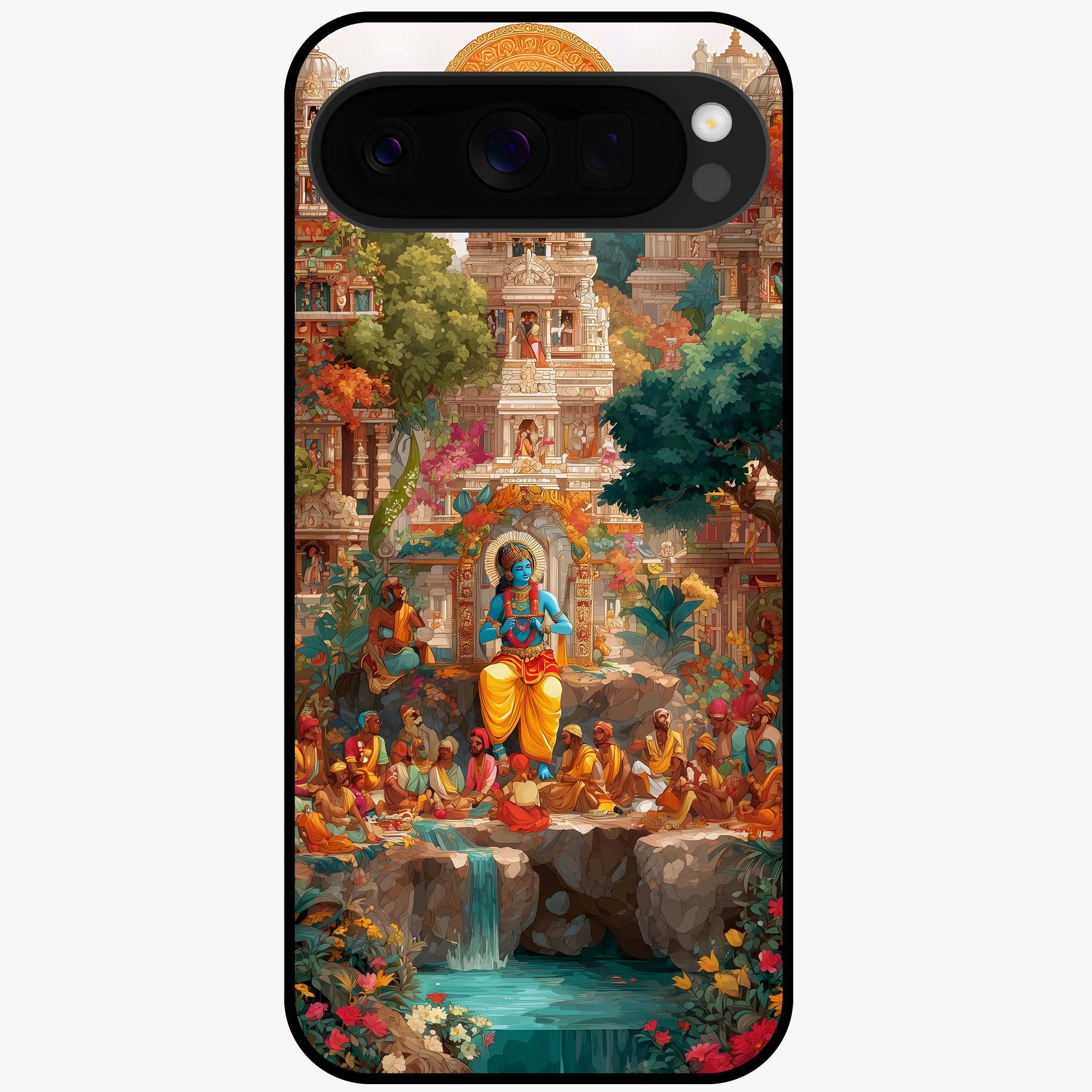 Sacred Sunlight Gods Glass Case showing flat back view with divine sunlight themed artwork and glossy glass finish.