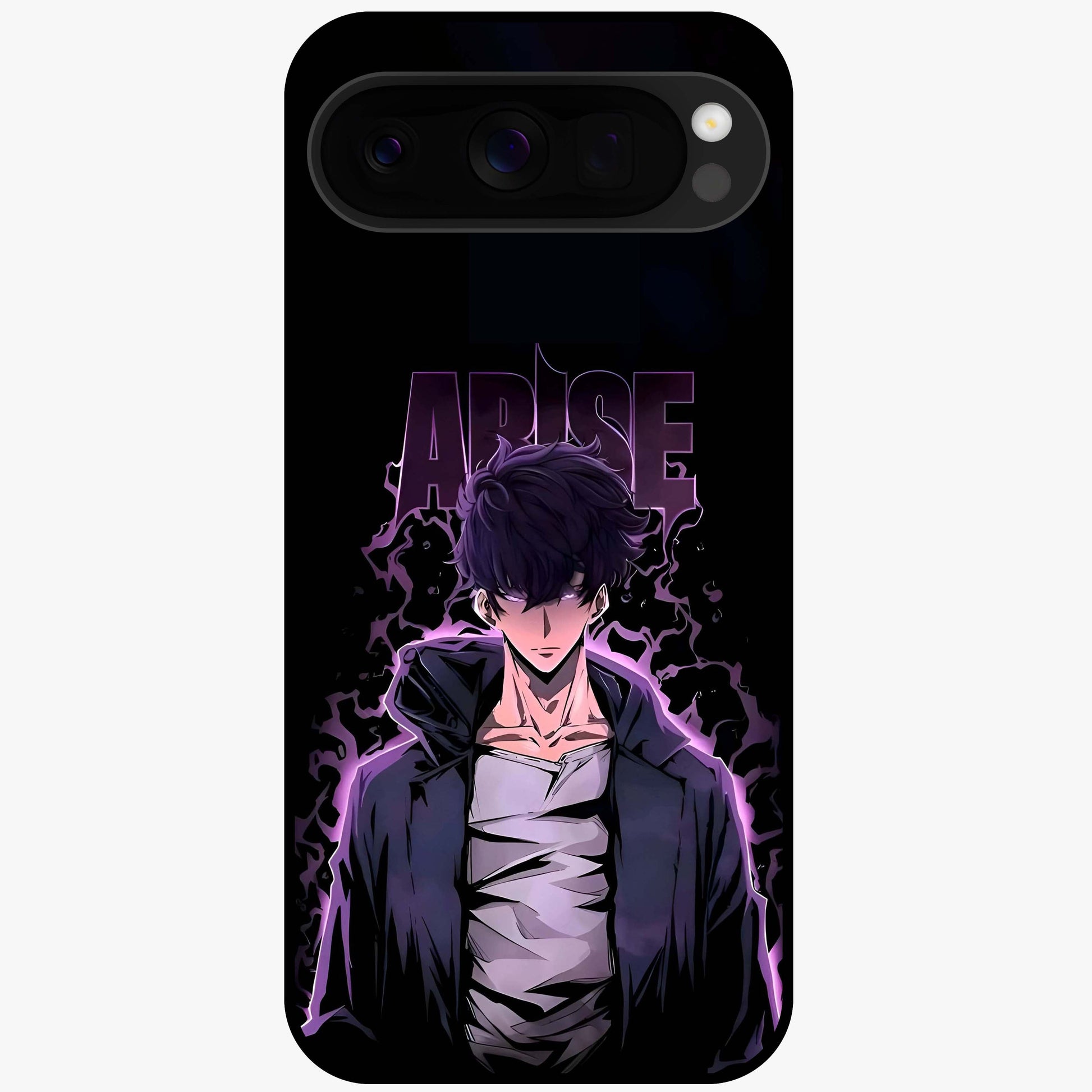 Shadow Monarch Awakening Glass Case showing flat back view with powerful dark monarch themed artwork and glossy glass finish.