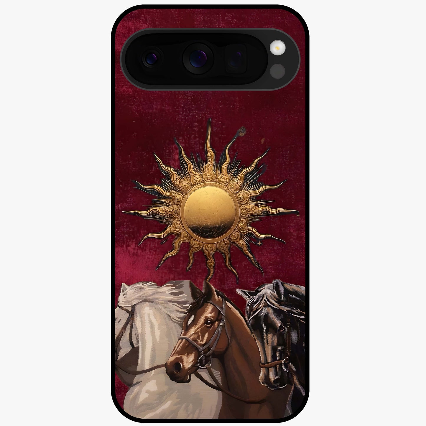Solar Riders Glass Case showing flat back view with dynamic rider themed artwork and glossy glass finish.