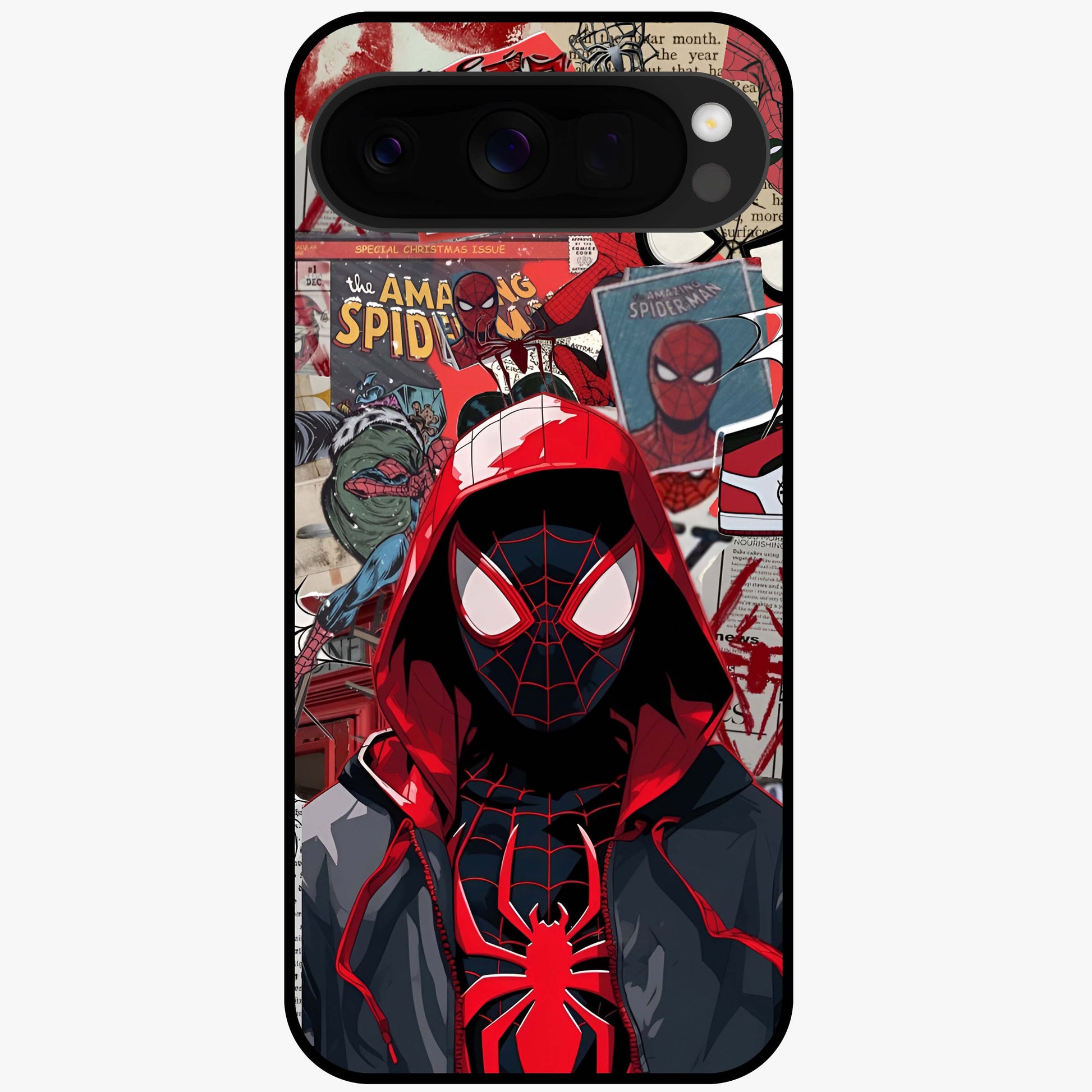 Spider Collage Street Glass Case showing flat back view with vibrant superhero collage artwork and glossy glass finish.
