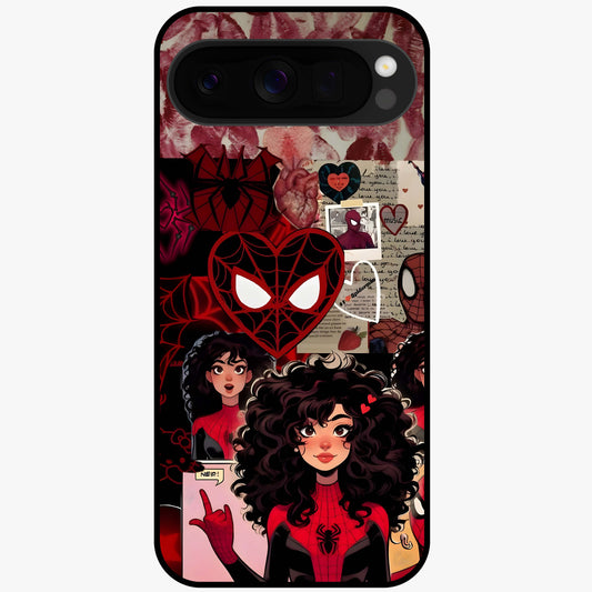 Spider Love Story Glass Case showing flat back view with romantic superhero themed artwork and glossy glass finish.