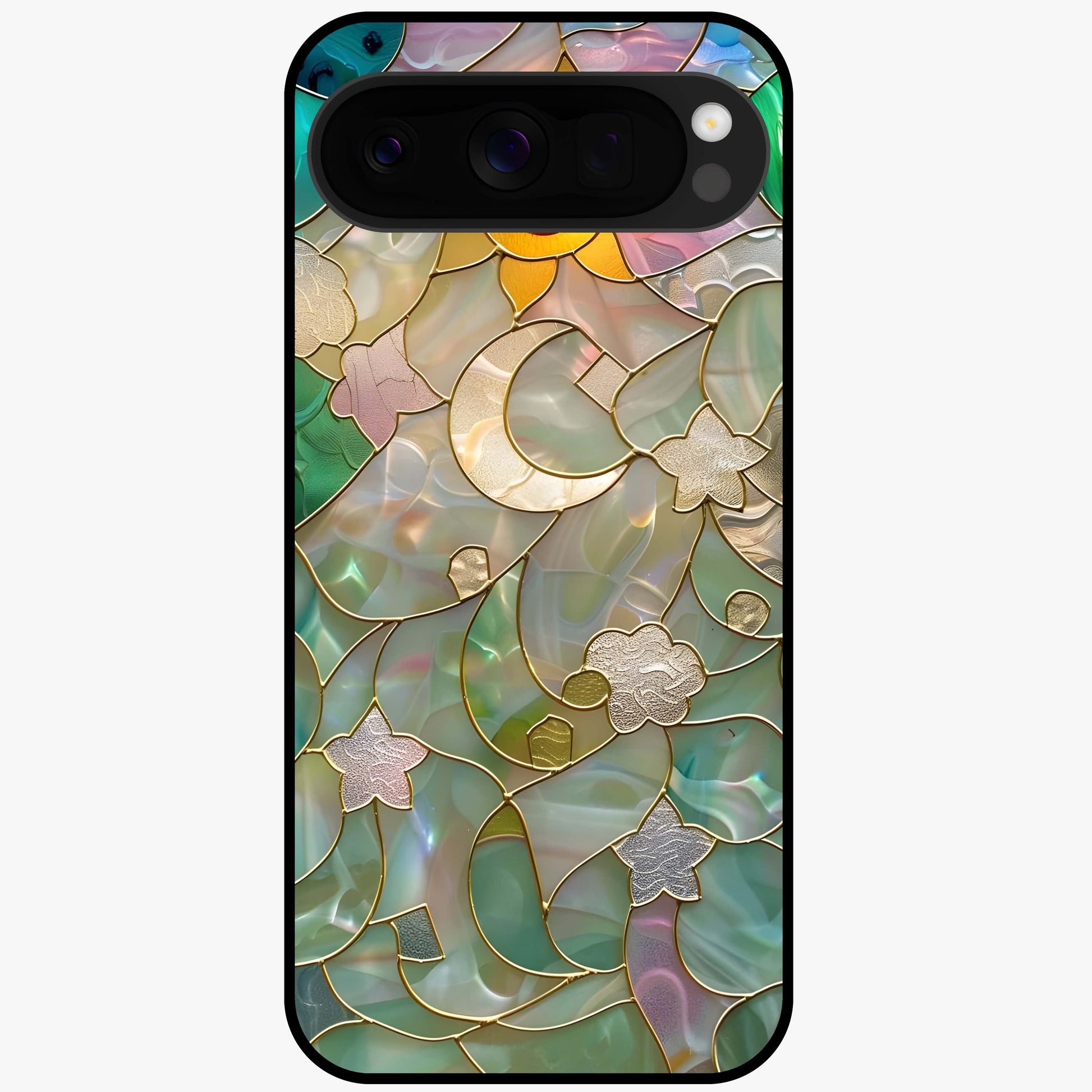 Stained Sunrise Glow Glass Case showing flat back view with glowing sunrise stained pattern artwork and glossy glass finish.
