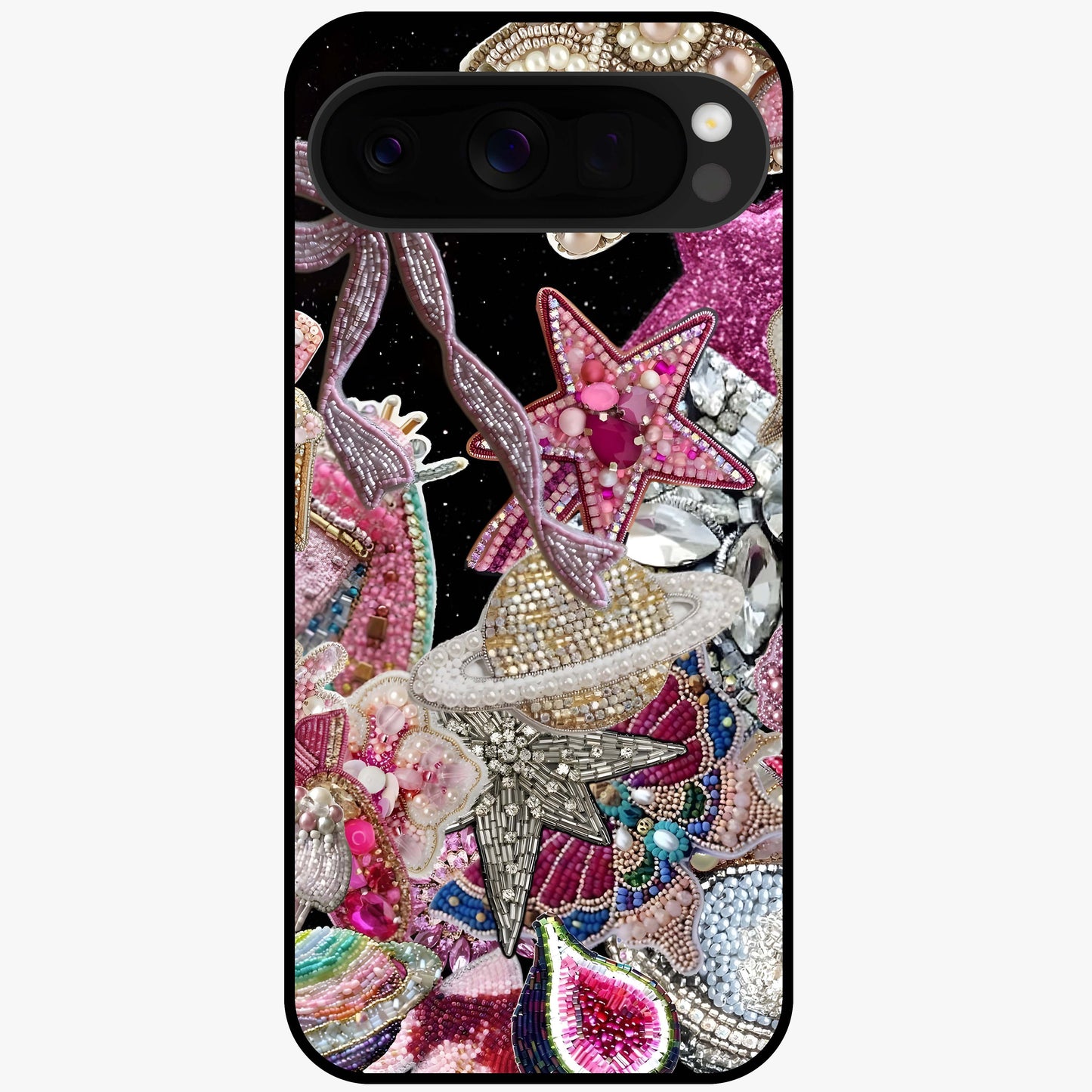 Starlit Jewel Dream Glass Case showing flat back view with sparkling jewel and star themed artwork and glossy glass finish.