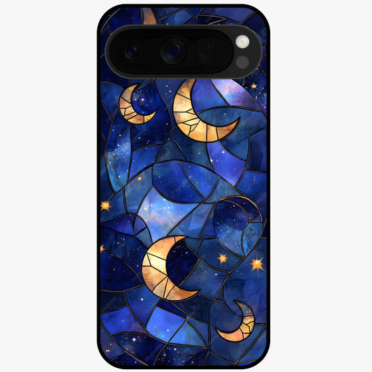 Starlit Sky Tapestry Glass Case showing flat back view with decorative starry sky tapestry artwork and glossy glass finish.