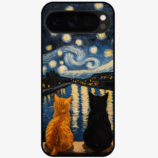 Starry River Cats Glass Case showing flat back view with cats by a starry river artwork and glossy glass finish.