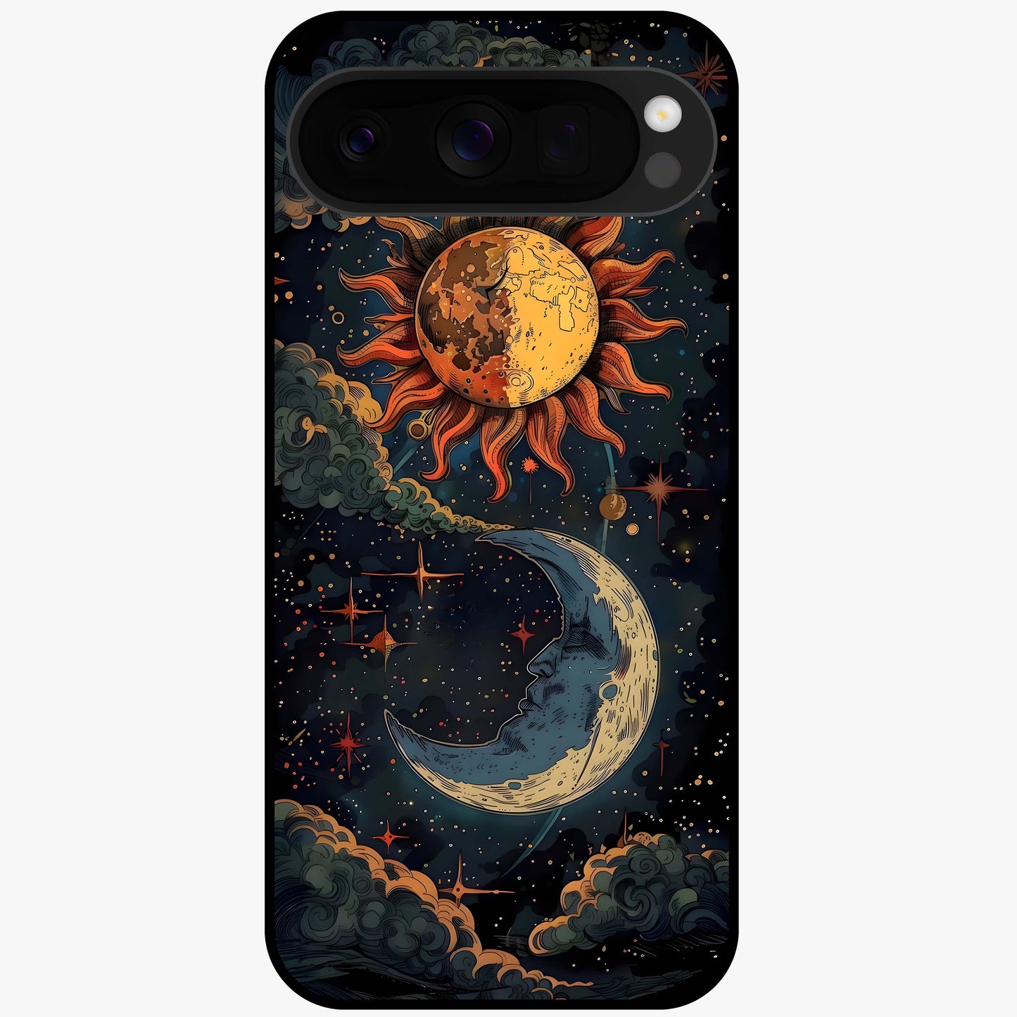 Sun And Moon Magic Design Glass Case showing flat back view with mystical sun and moon artwork and glossy glass finish.