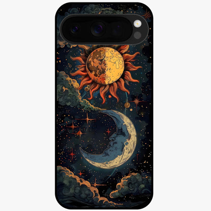 Sun And Moon Magic Design Glass Case showing flat back view with mystical sun and moon artwork and glossy glass finish.