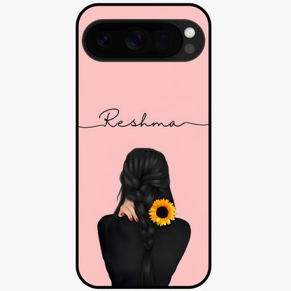 Sunflower Braid Beauty With Custom Name Glass Case showing flat back view with sunflower braid artwork and personalized name design.