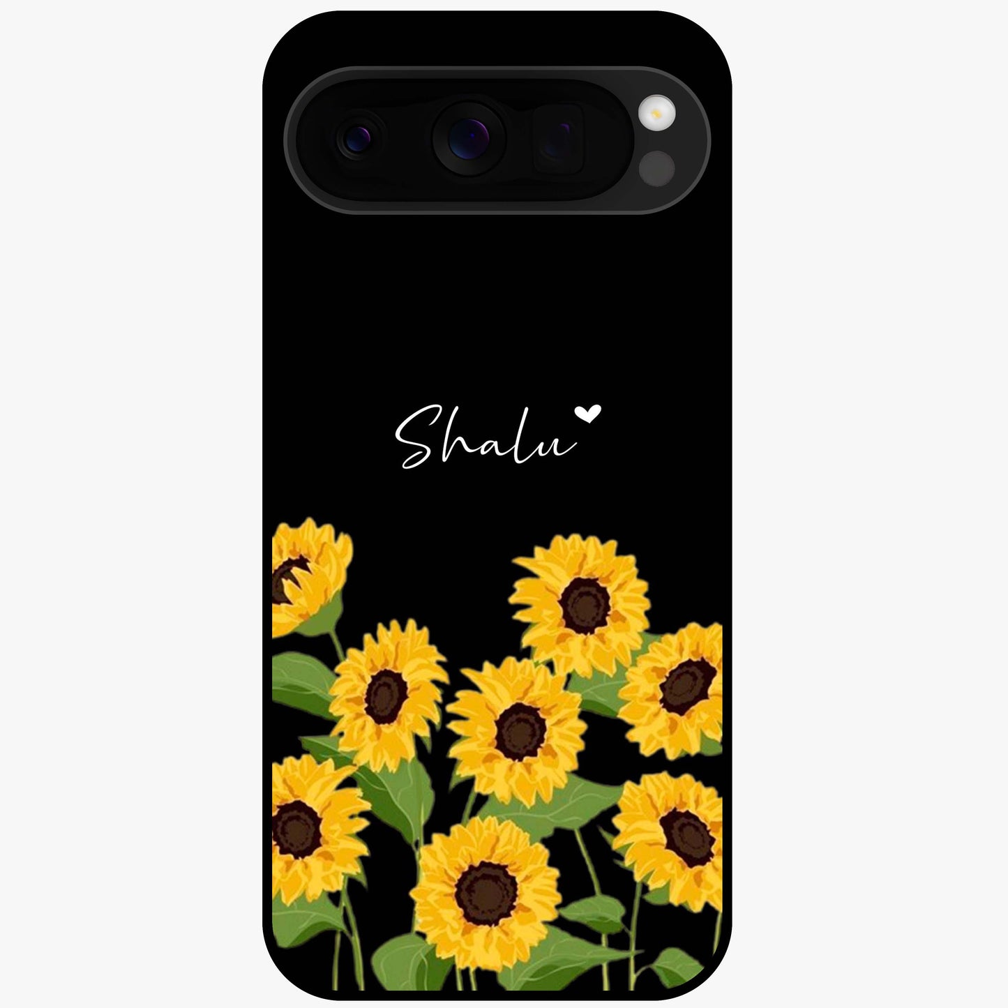Sunflower Chic Mood Custom Name Glass Case showing flat back view with stylish sunflower artwork and personalized name design.