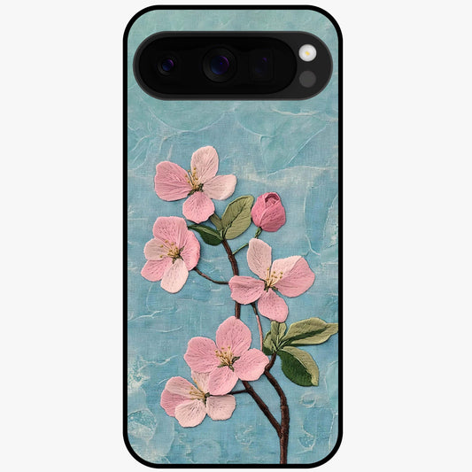 Threaded Blossom Breeze Glass Case showing flat back view with delicate blossom artwork and glossy glass finish.
