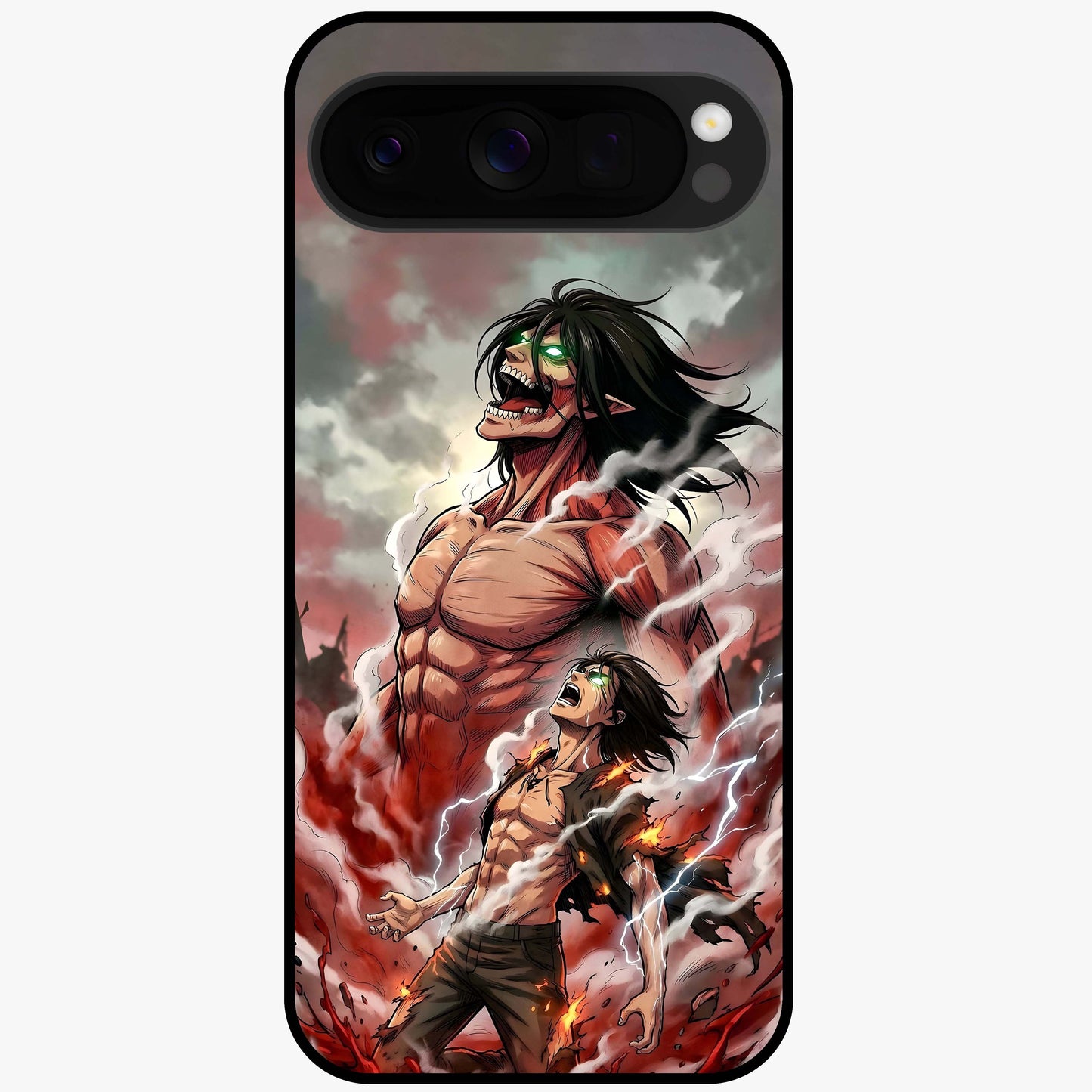 Titan Awakening Fury Glass Case showing flat back view with powerful titan inspired artwork and glossy glass finish.