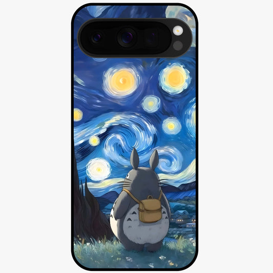 Totoro In Van Gogh Art Glass Case showing flat back view with whimsical character artwork inspired by Van Gogh style and glossy glass finish.