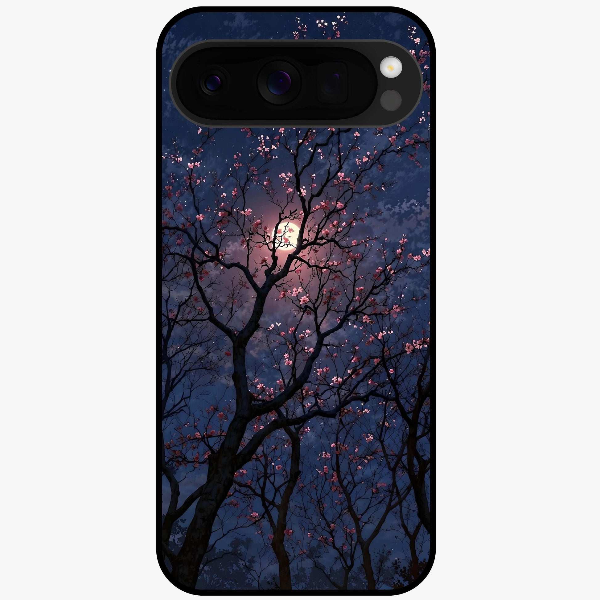 Twilight Sakura Serenade Glass Case showing flat back view with cherry blossom artwork at twilight and glossy glass finish.