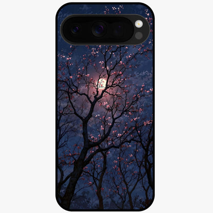 Twilight Sakura Serenade Glass Case showing flat back view with cherry blossom artwork at twilight and glossy glass finish.