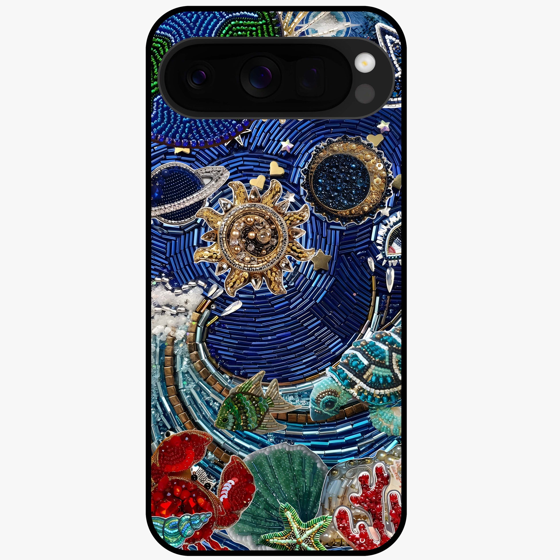 Universe Underwater Spark Glass Case showing flat back view with cosmic underwater themed artwork and glossy glass finish.