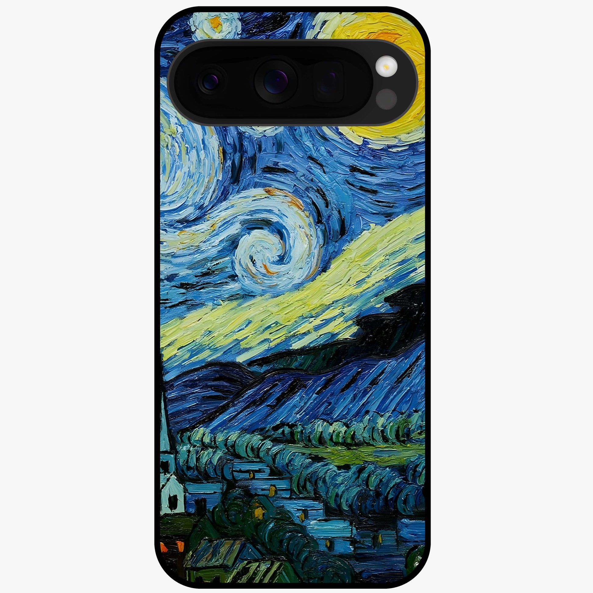 Van Gogh Art Glass Case showing flat back view with classic painterly artwork inspired by Van Gogh style and glossy glass finish.