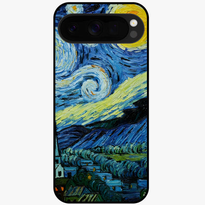 Van Gogh Art Glass Case showing flat back view with classic painterly artwork inspired by Van Gogh style and glossy glass finish.
