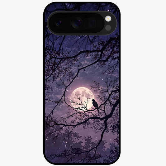 Whispering Moon Silence Glass Case showing flat back view with serene moon themed artwork and glossy glass finish.