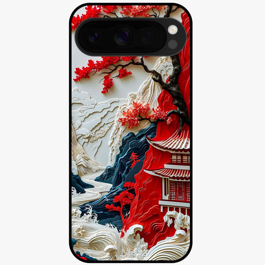 Whispers Of Sakura Waves Glass Case showing flat back view with cherry blossom wave artwork and glossy glass finish.