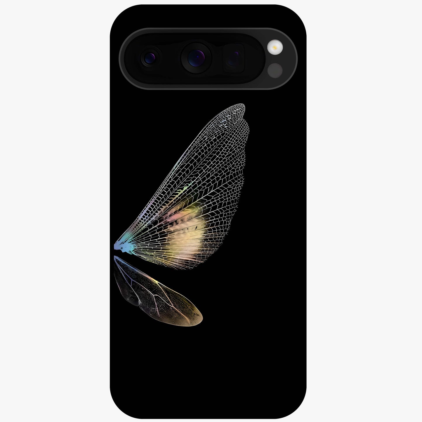 Whispers Of Wings Glass Case showing flat back view with graceful wing inspired artwork and glossy glass finish.
