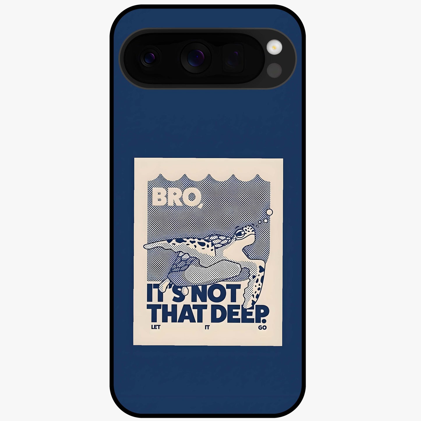 Worry Less Swim Glass Case showing flat back view with playful motivational artwork and glossy glass finish.