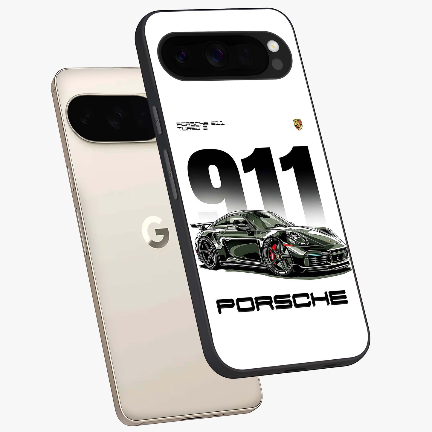 911 Turbo Dominance Glass Case displayed in premium angled mockup highlighting sporty car illustration and sleek glass surface.