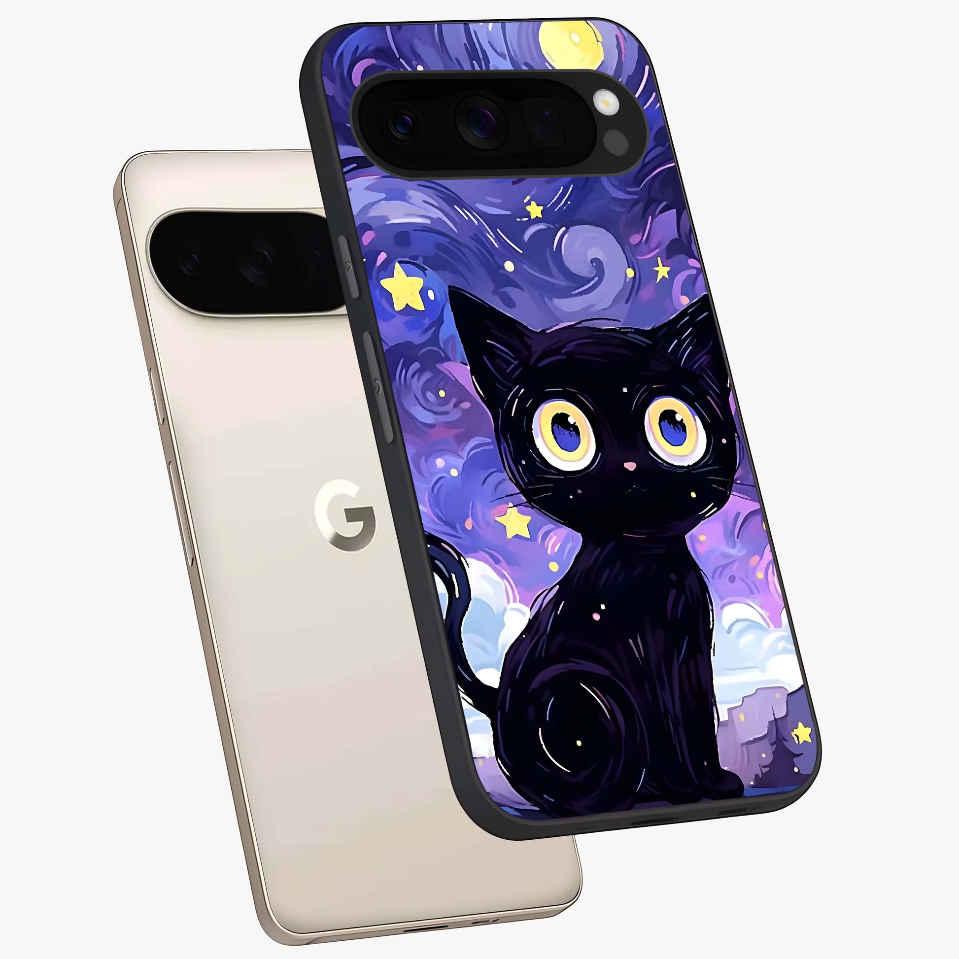 Abstract Cat Art Glass Case displayed in angled mockup highlighting modern abstract cat artwork and sleek glass surface.