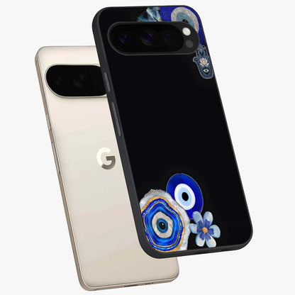 Aesthetic Blue Evil Eye Glass Case displayed in angled mockup highlighting blue evil eye symbol and spiritual aesthetic design.