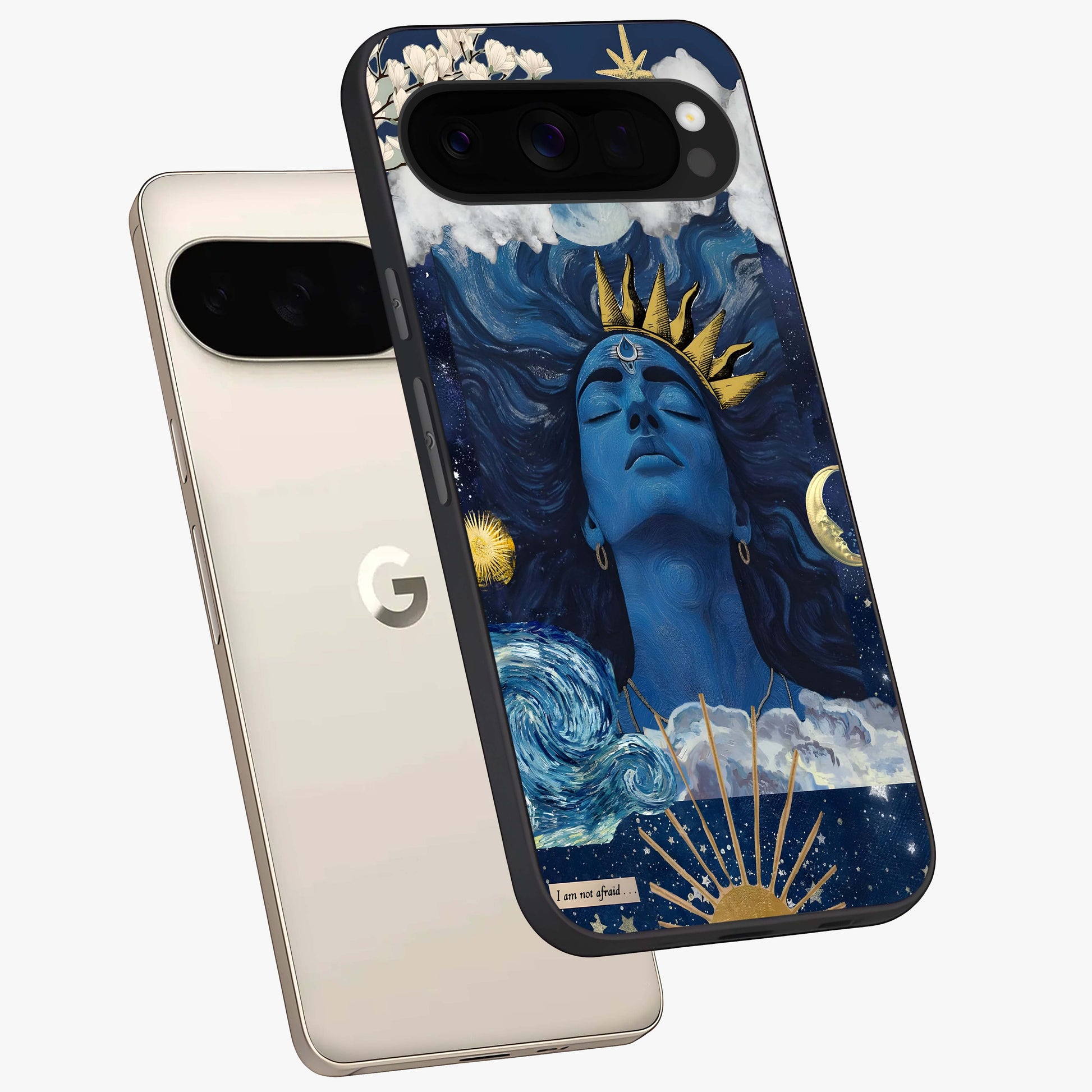 Aesthetic Lord Shiva Glass Case displayed in angled mockup highlighting spiritual Shiva illustration and sacred aesthetic design.