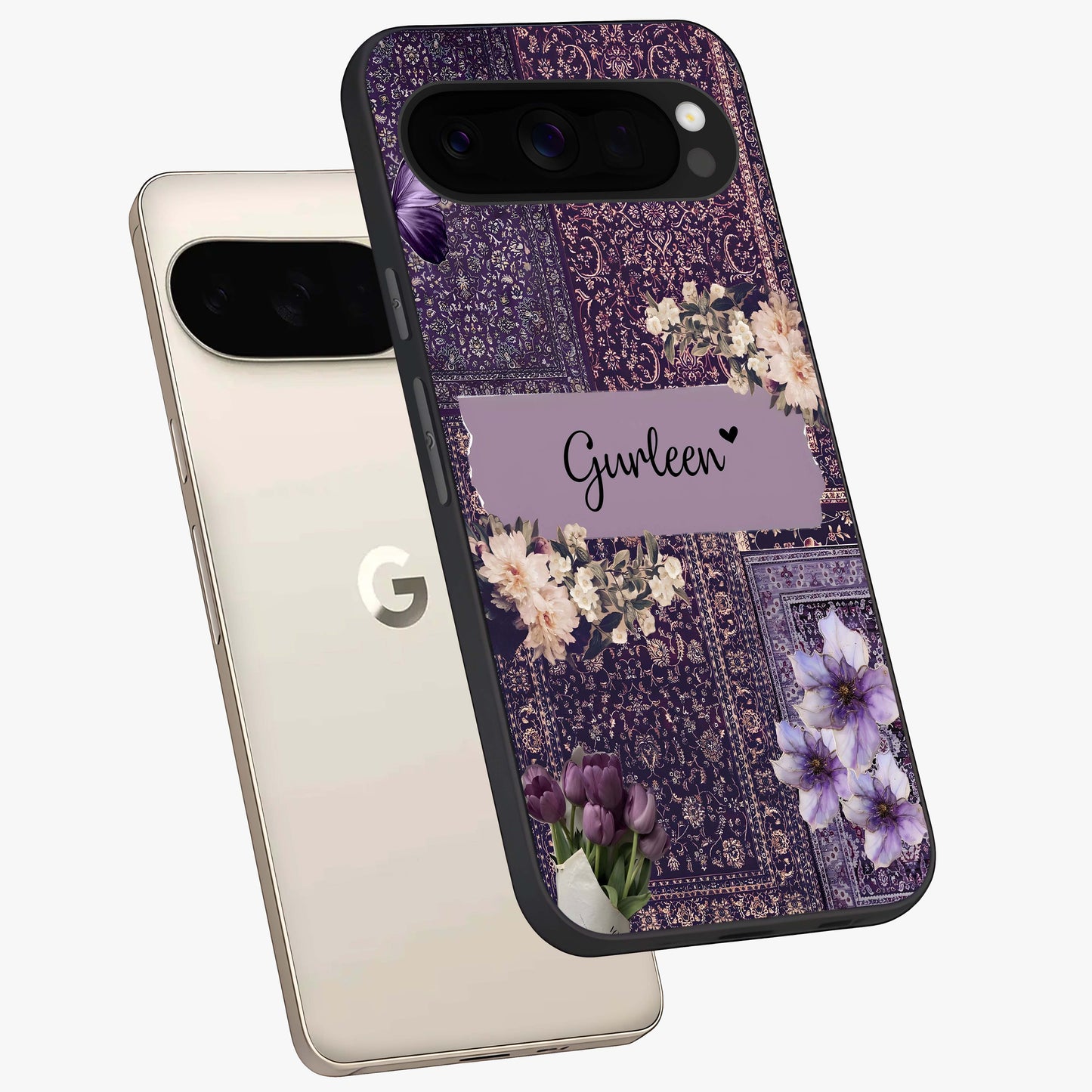 Antique Floral Whisper Custom Name Glass Case displayed in angled mockup highlighting elegant antique floral aesthetic.