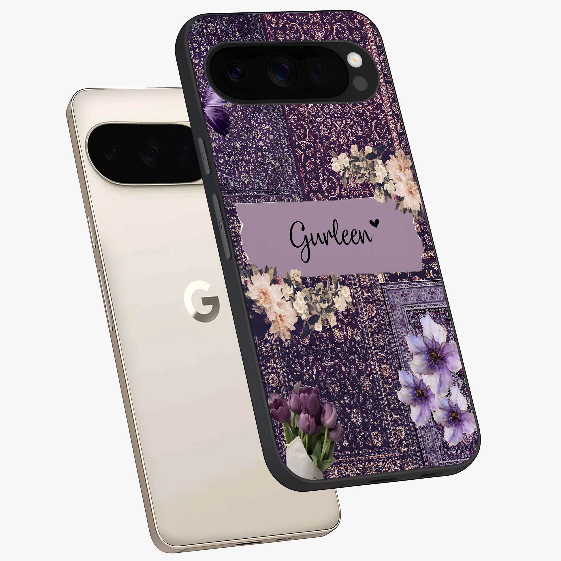 Antique Floral Whisper Custom Name Glass Case displayed in angled mockup highlighting elegant antique floral aesthetic.