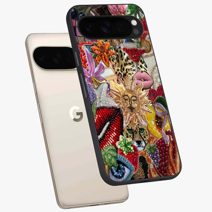Beaded Fashion Jungle Glass Case displayed in angled mockup highlighting colorful fashion bead design and artistic pattern.