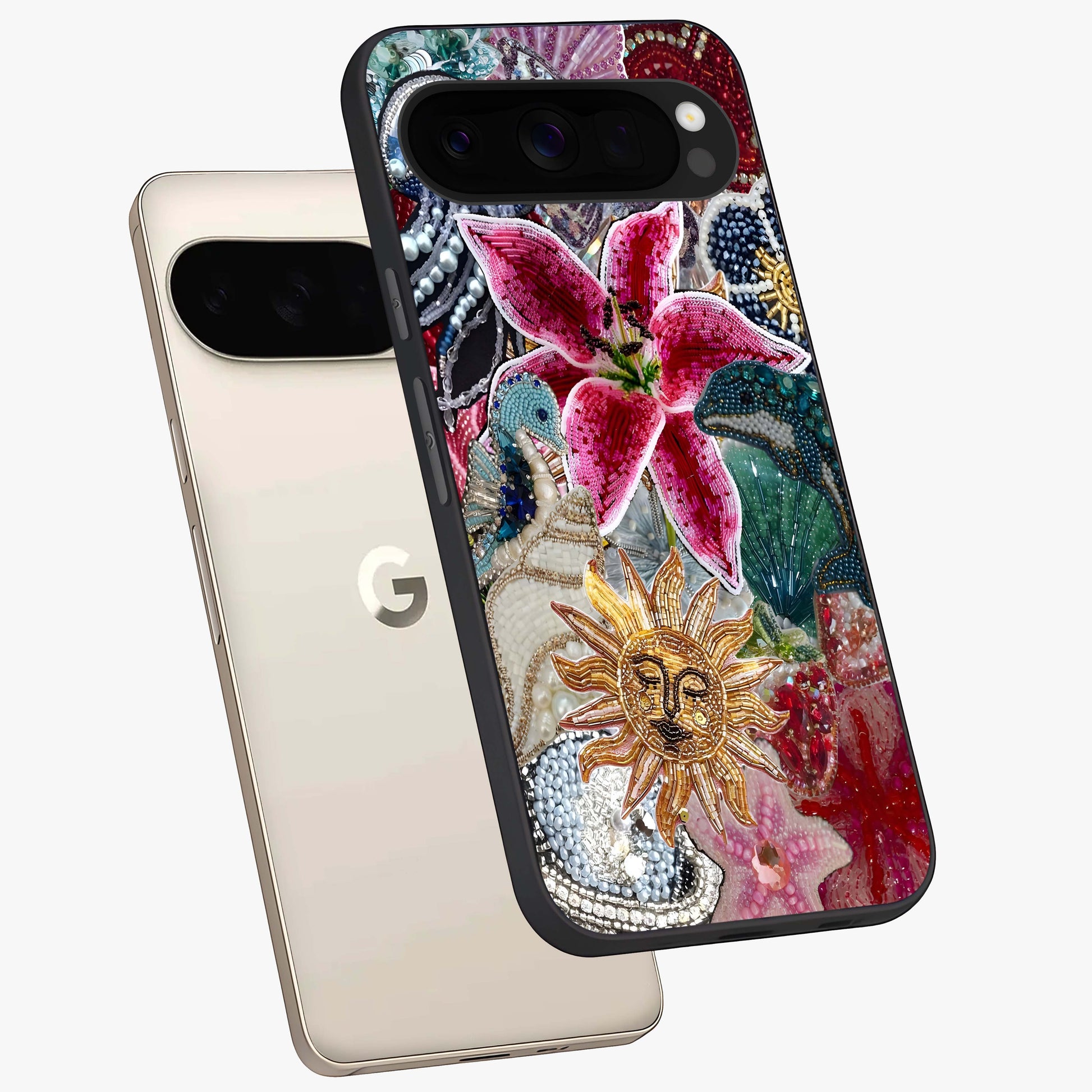 Beaded Garden Fantasy Glass Case displayed in angled mockup highlighting fantasy inspired floral bead pattern.