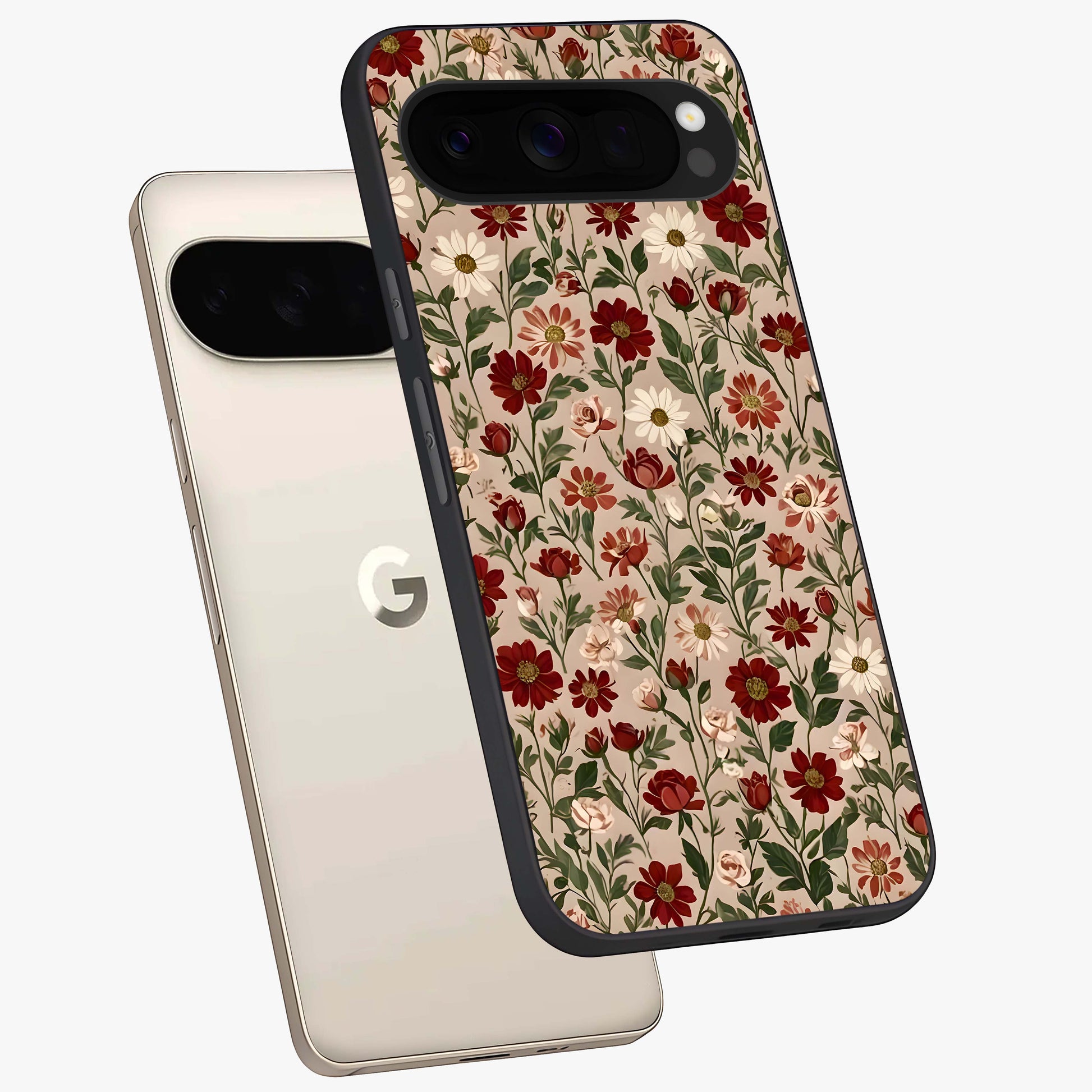 Biege Flower With Leaf Glass Case displayed in angled mockup highlighting minimal floral leaf design and elegant aesthetic.