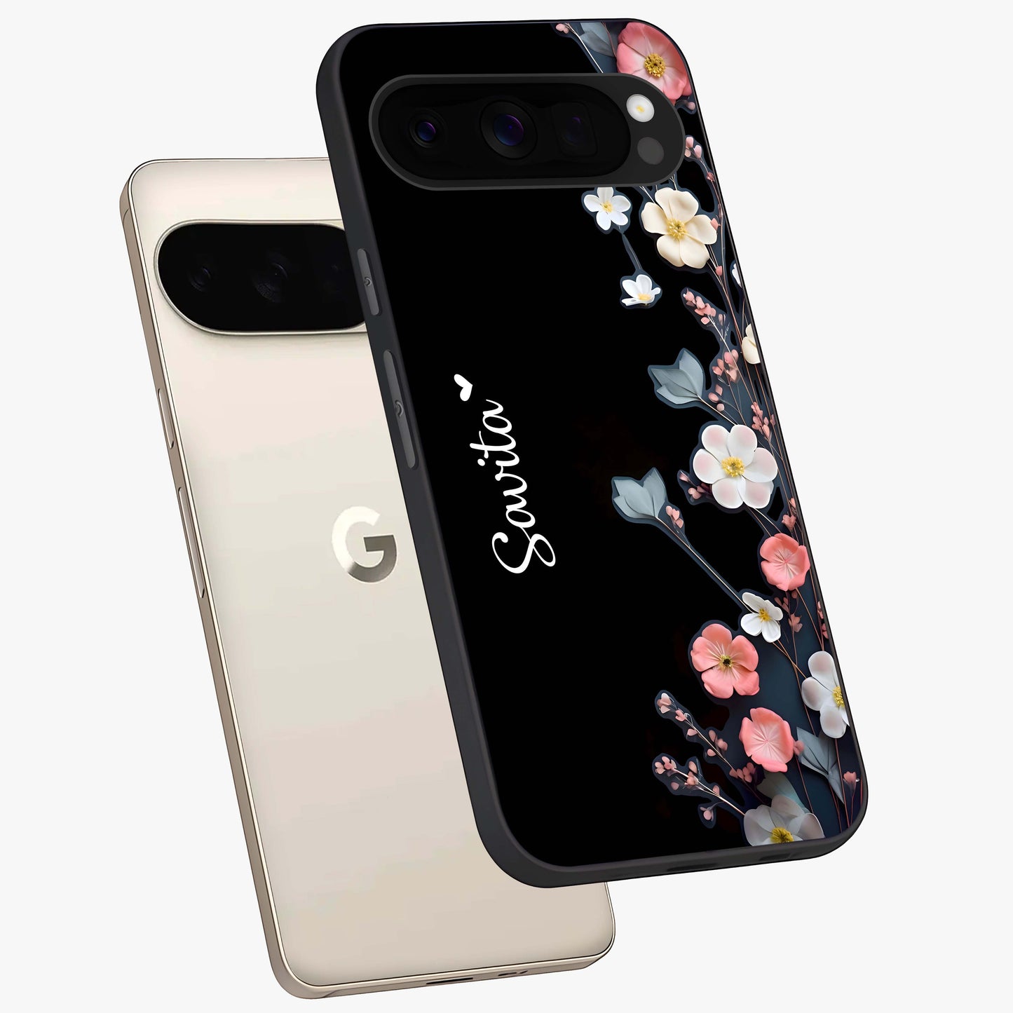 Black Elegance Floral Custom Name Glass Case displayed in angled mockup highlighting dark floral aesthetic and custom name feature.