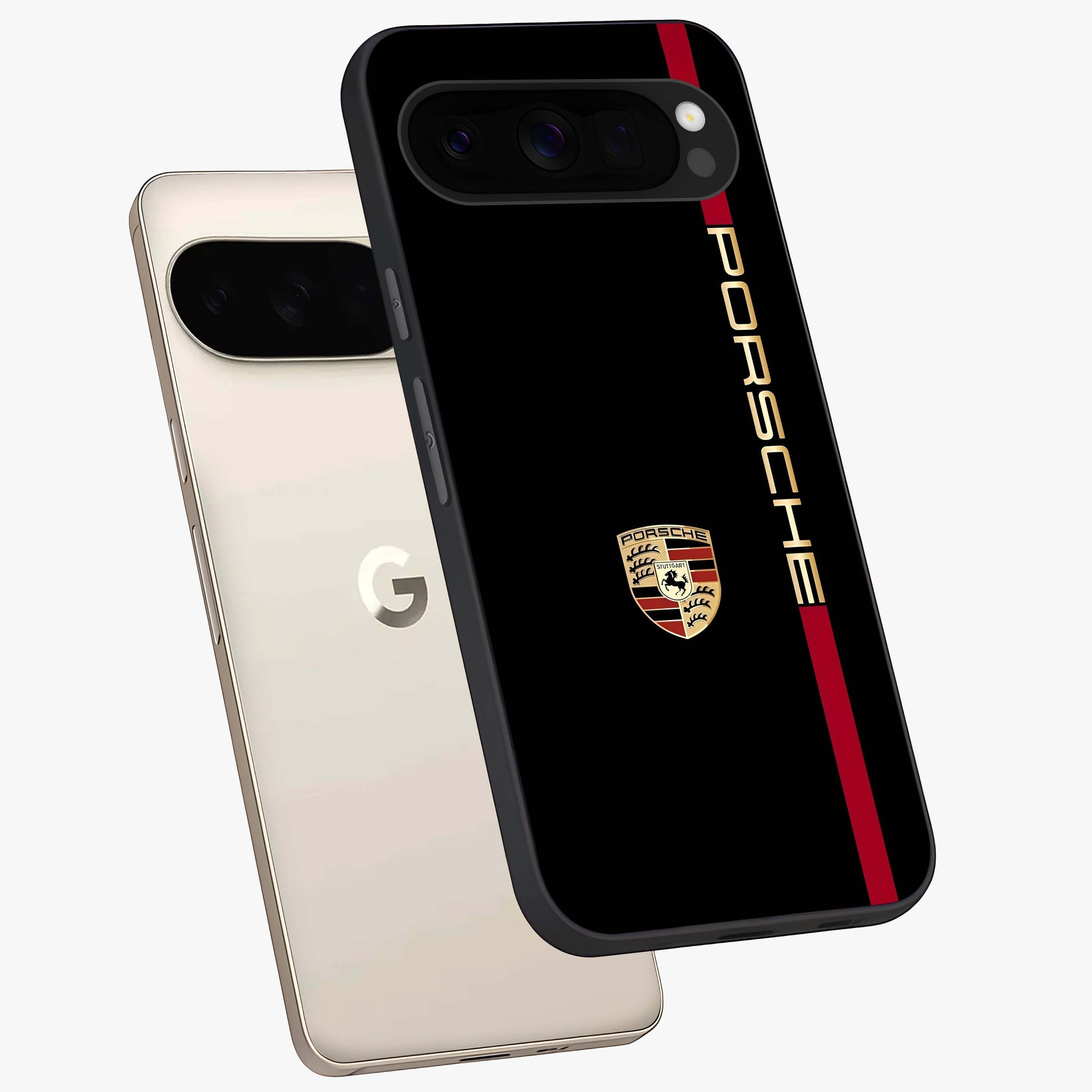 Black Minimal Porsche Glass Case displayed in angled mockup highlighting modern minimal car illustration and clean aesthetic design.