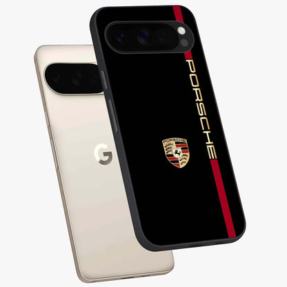 Black Minimal Porsche Glass Case displayed in angled mockup highlighting modern minimal car illustration and clean aesthetic design.