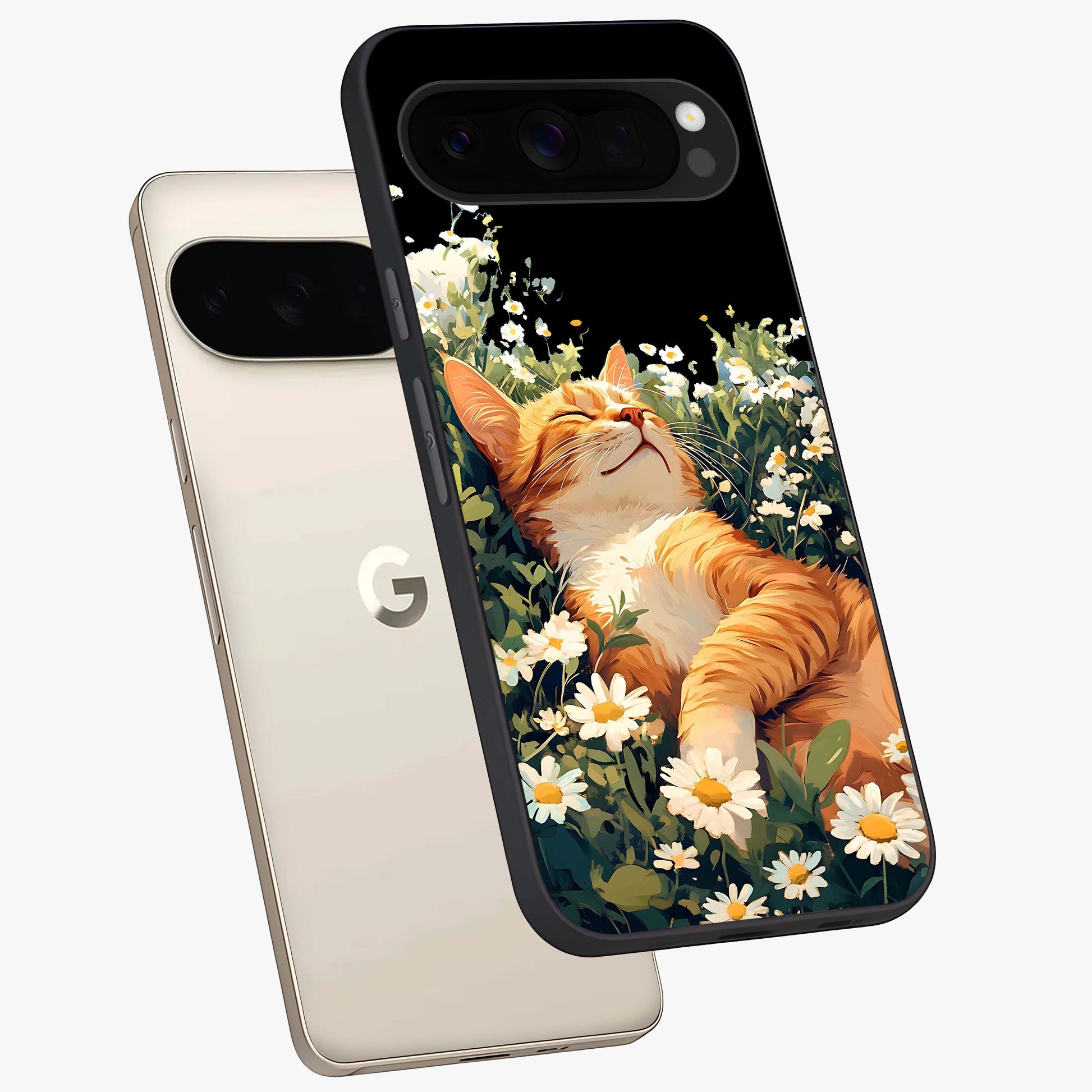 Blissful Bloom Cat Glass Case displayed in angled mockup highlighting playful feline illustration with soft floral aesthetic.