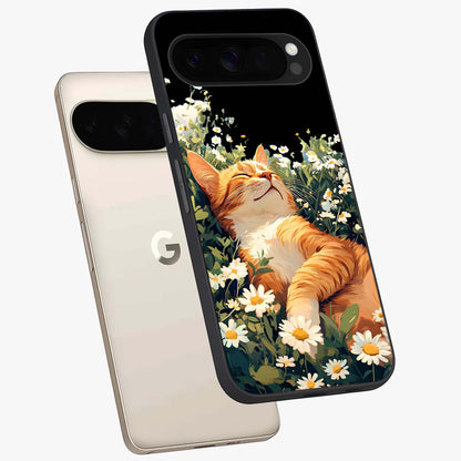 Blissful Bloom Cat Glass Case displayed in angled mockup highlighting playful feline illustration with soft floral aesthetic.