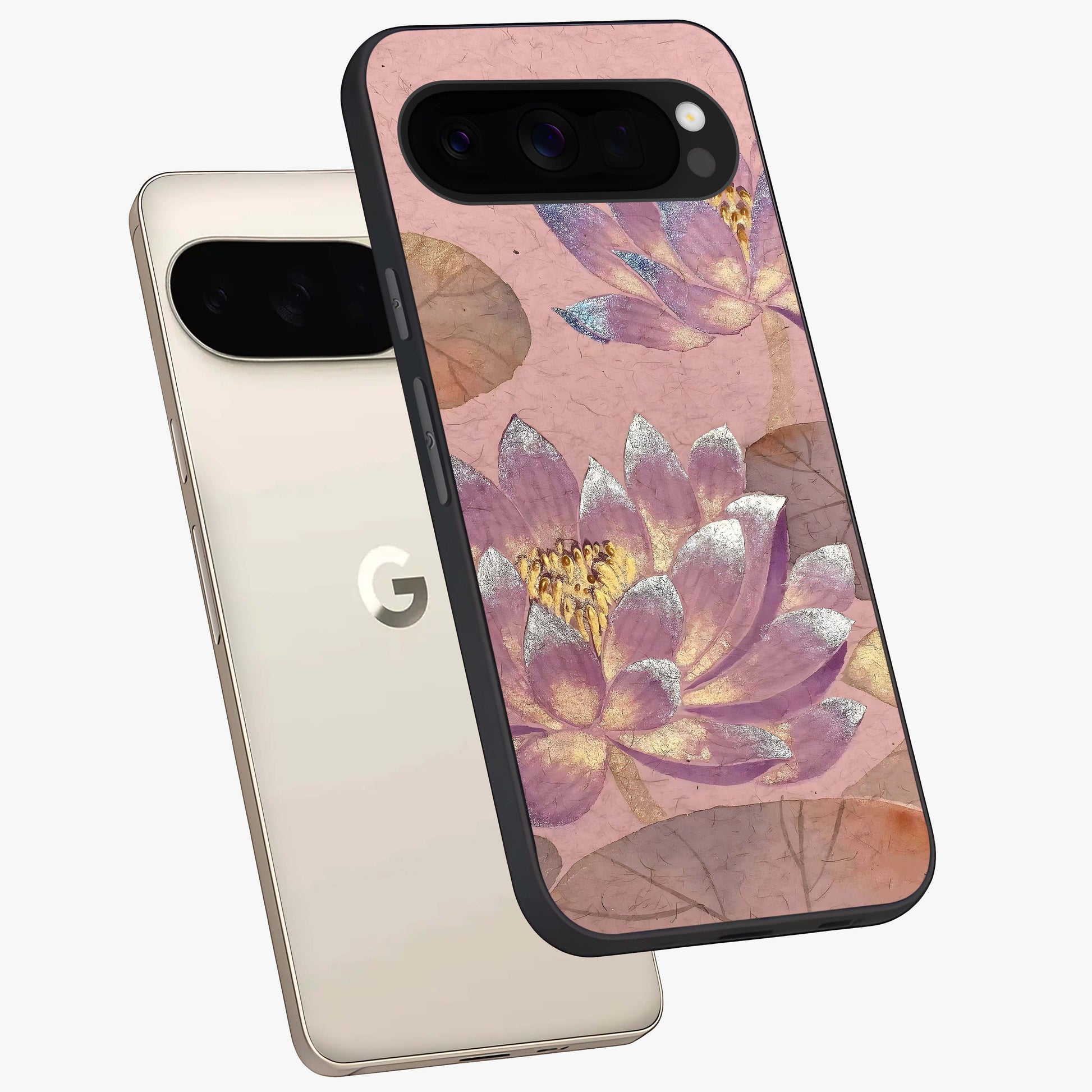 Blossom Mist Lotus Glass Case displayed in angled mockup highlighting delicate lotus illustration with calm aesthetic theme.