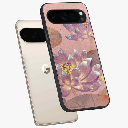 Blossom Mist Lotus Glass Case displayed in angled mockup highlighting delicate lotus illustration with calm aesthetic theme.