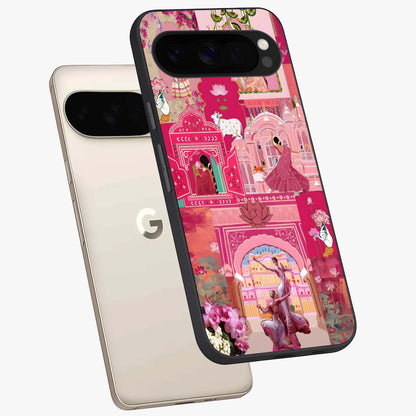 Blossoms of Rajasthan Glass Case displayed in angled mockup highlighting vibrant floral pattern with cultural aesthetic style.