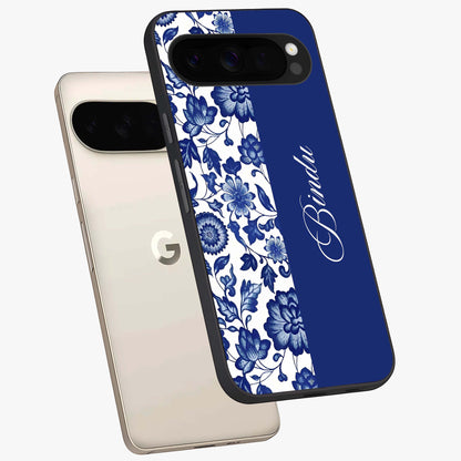 Blue Vintage Floral Pattern Glass Case displayed in angled mockup highlighting subtle bloom pattern with aesthetic pastel design.