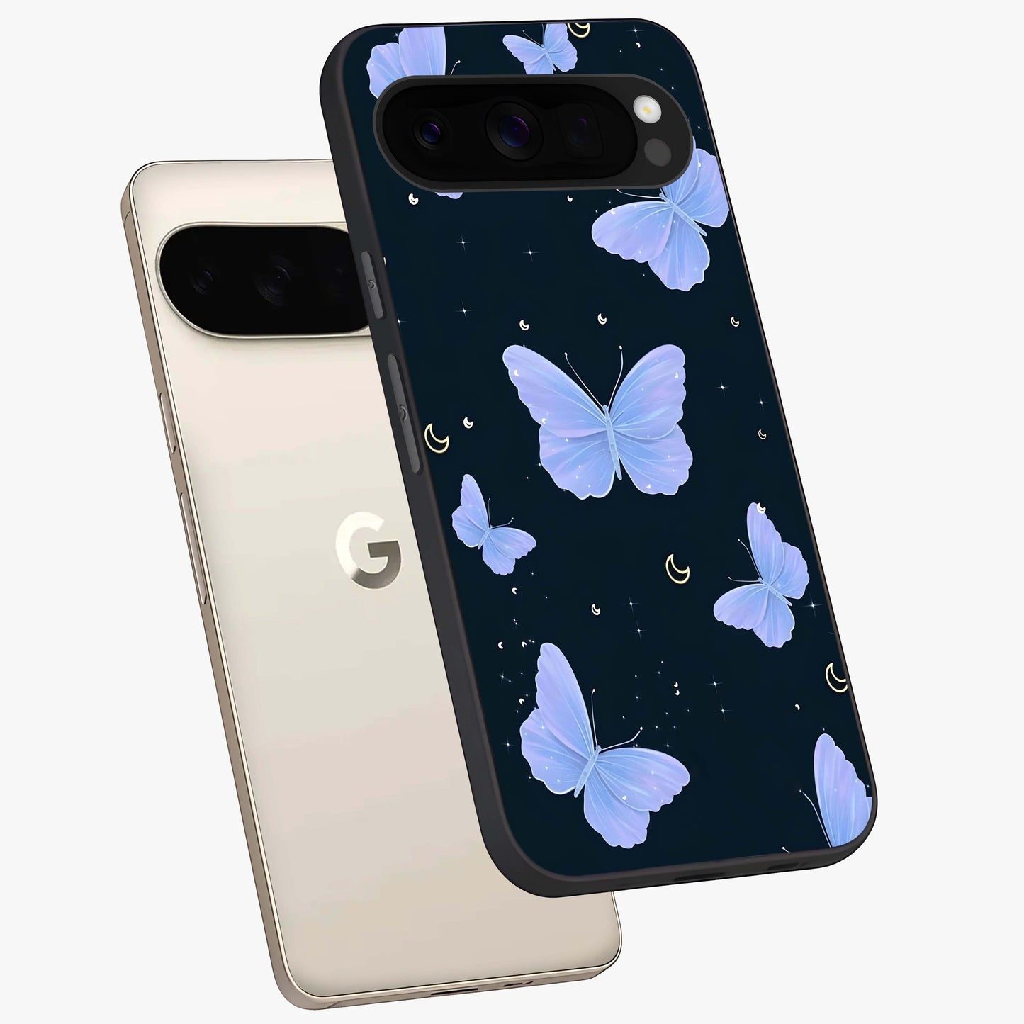 Butterfly With Stars Pattern Glass Case displayed in angled mockup highlighting dreamy butterfly and star design with aesthetic theme.