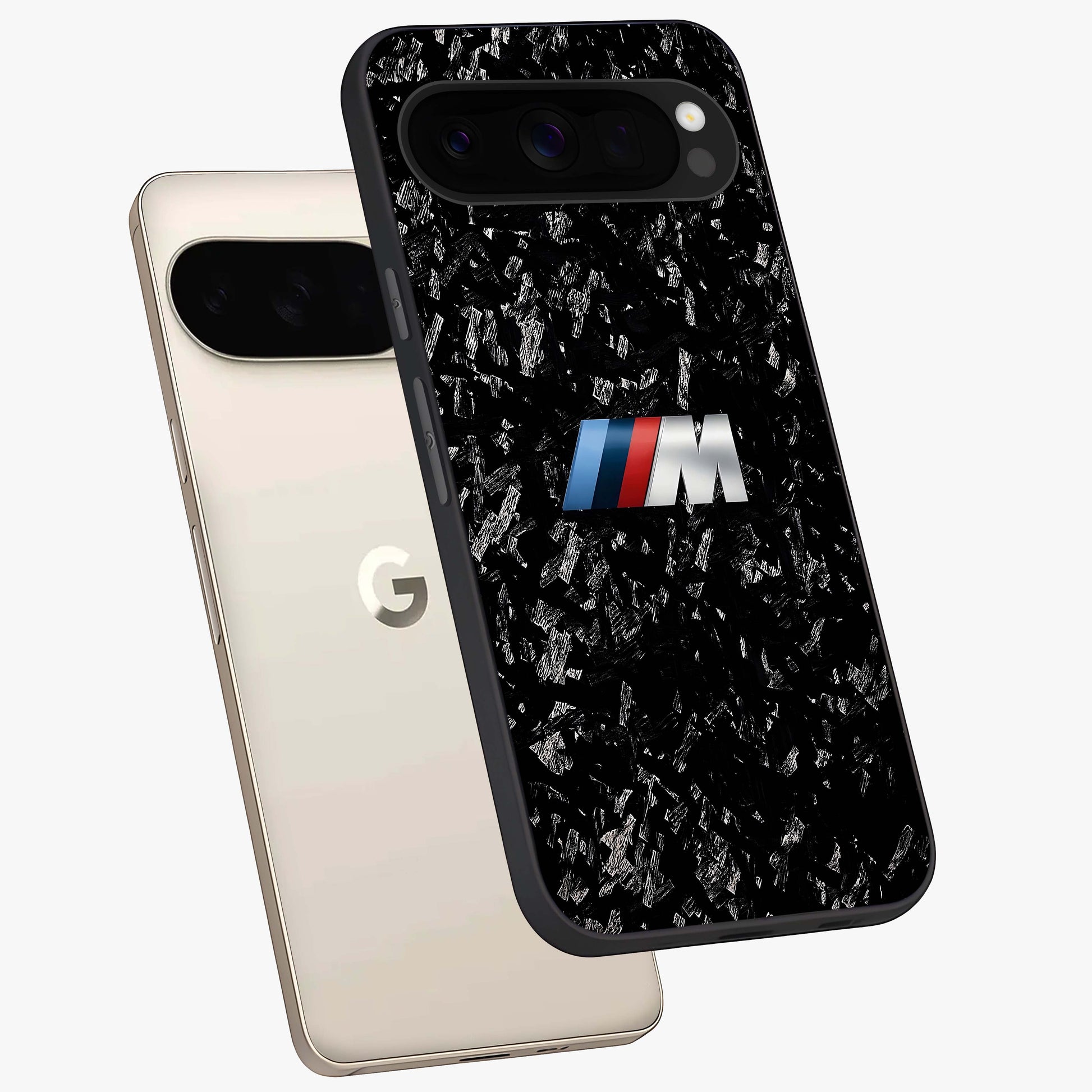 Carbon Speed Mark Glass Case displayed in angled mockup highlighting racing inspired carbon design and sleek aesthetic style.