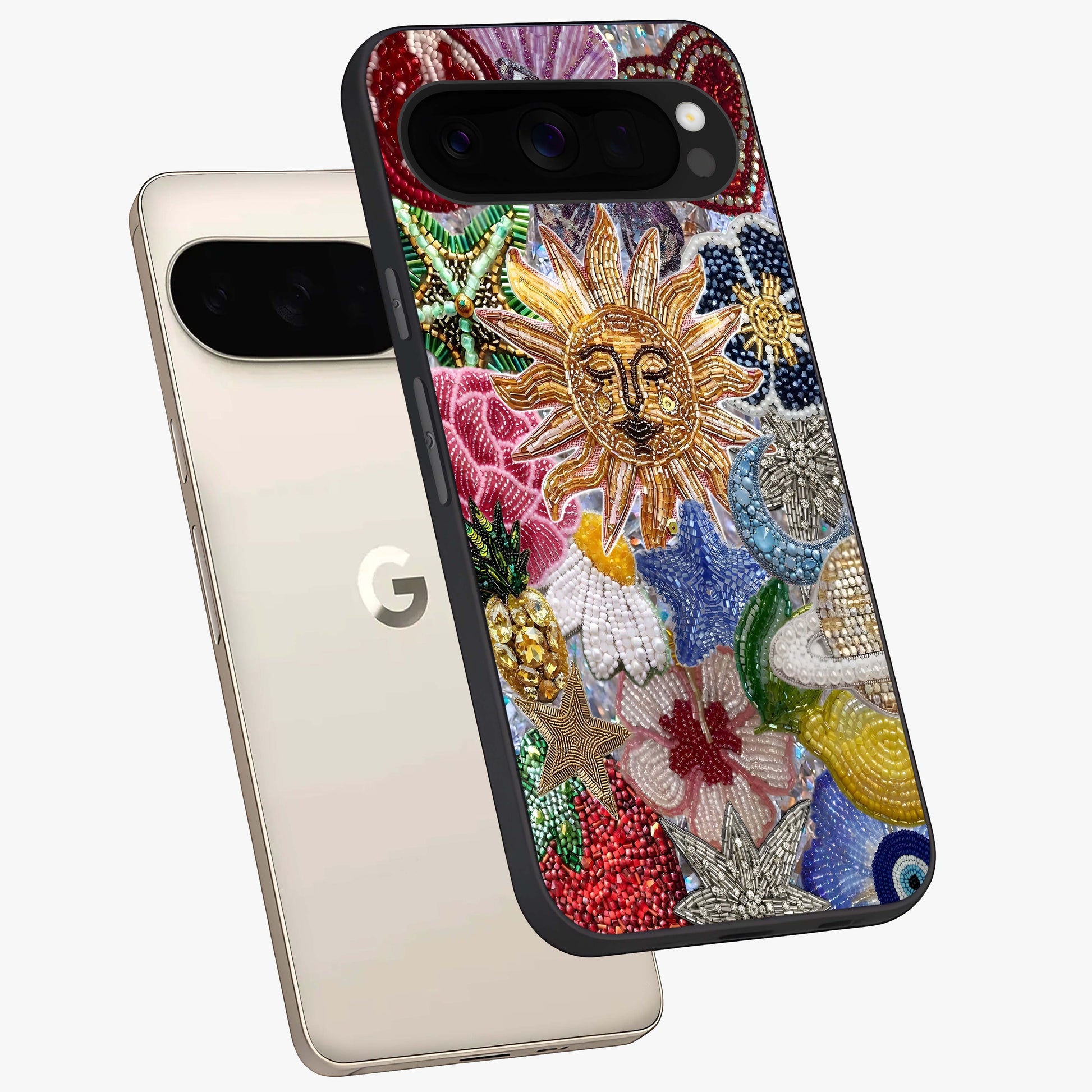 Celestial Floral and Playful Glass Case displayed in angled mockup highlighting playful floral design with dreamy celestial elements.